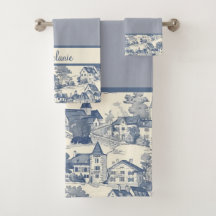Borde de escena de pueblo Toile de Jouy sobre azul