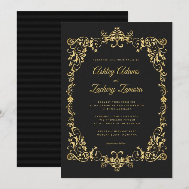 Borde de oro ordenado en invitación de boda negra (Anverso / Reverso)