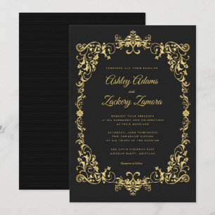 Borde de oro ordenado en invitación de boda negra