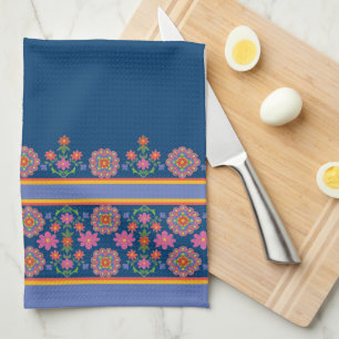 Borde del patrón de Rangoli floral, toalla de coci