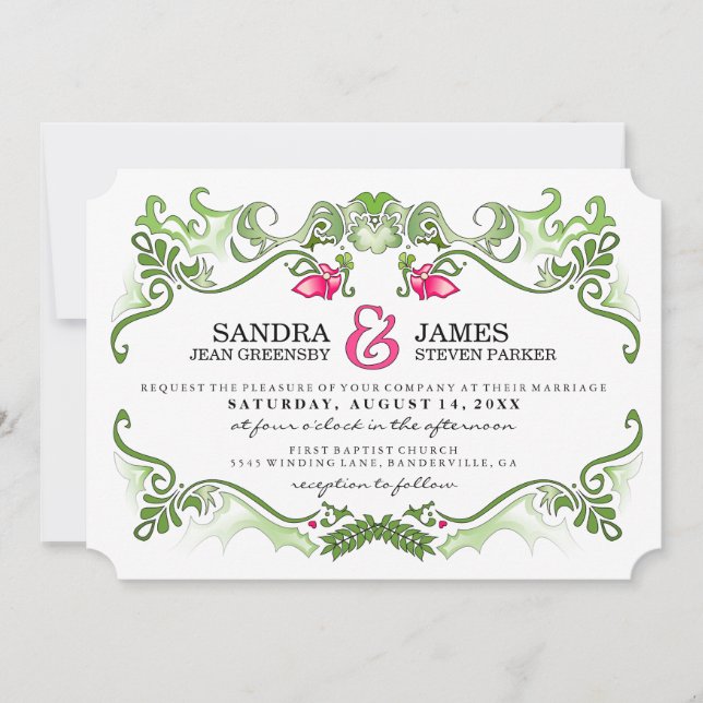 Borde floral brillante - Invitación a la boda rosa (Anverso)
