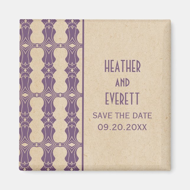 Borde morado Art Deco Guardar el imán de fecha (Frente)