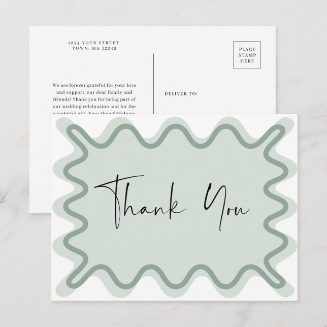 Borde ondulante verde salado Gracias postal (Anverso / Reverso)