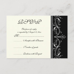 Borde ornamental tarjeta RSVP de boda blanca negra