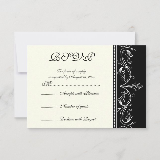 Borde ornamental tarjeta RSVP de boda blanca negra (Anverso)
