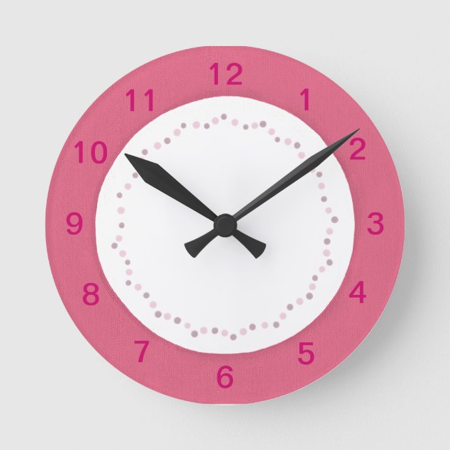 Borde rosa sobre blanco, polka pega reloj de pared (Anverso)