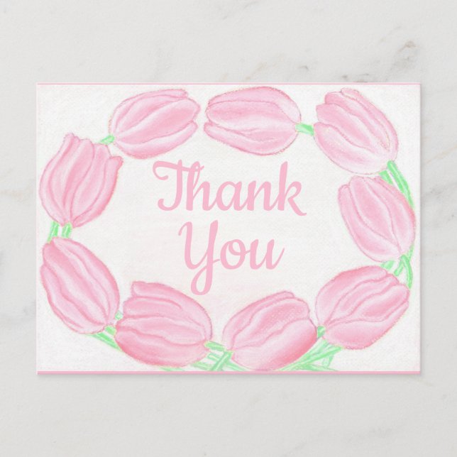 Borde rosado de tulipanes: tarjeta de agradecimien (Anverso)