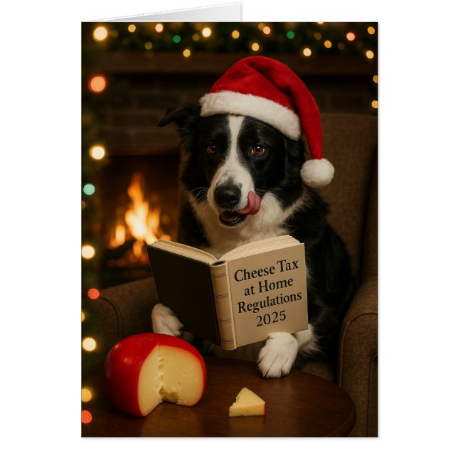 Border collie 'Cheese Tax' Christmas card (Frente)