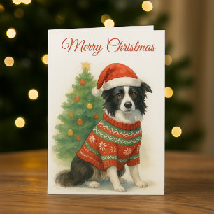 Border Collie Navidad Sombrero de Santa y Árbol