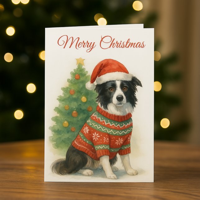 Border Collie Navidad Sombrero de Santa y Árbol (A perfect Christmas card for "Border Collie " dog lovers. )