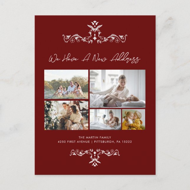 Borgoña 5 fotos Ornate Moving Invitación (Anverso)