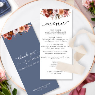 Borgoña azul, menú Boda floral intrincado de Rubor