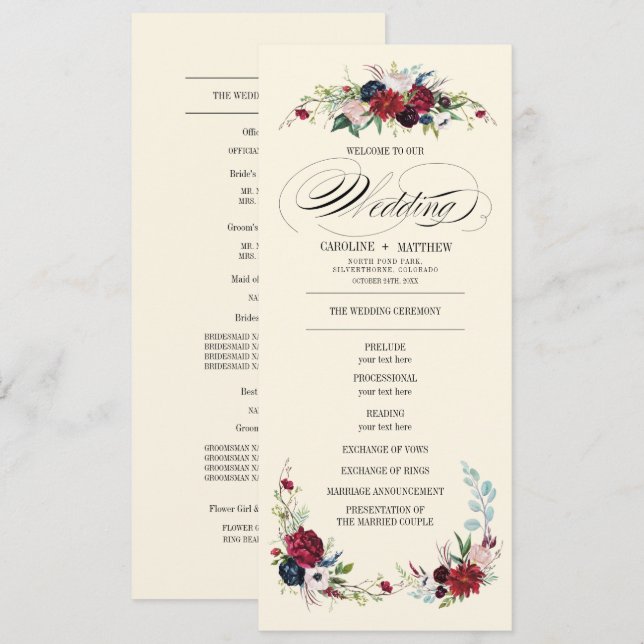 Borgoña | Azul | Programa de Boda de Crema Floral  (Anverso / Reverso)