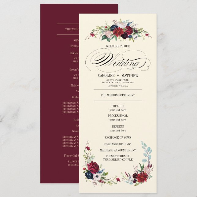 Borgoña | Azul | Programa de Boda de Crema Floral  (Anverso / Reverso)