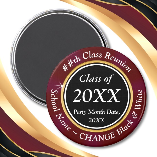 Borgoña blanco negro, favoritos de los imanes de l (Maroon, Black and Gold, High School Reunion Souvenirs. Class Reunion Favors Magnets. Class Reunion.)