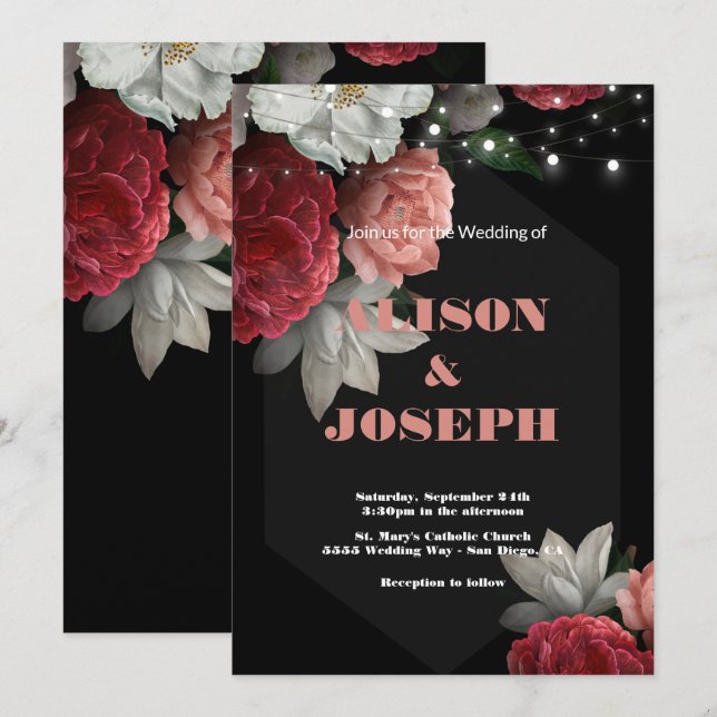 Borgoña de hilo floral luz Boda Invitación (Anverso / Reverso)