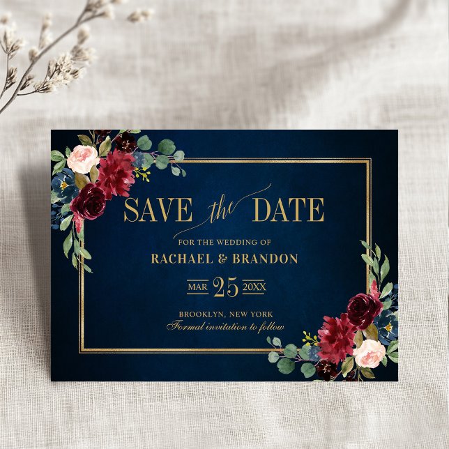 Borgona Floral Azul Marino Marco Dorado Salvar la  (Burgundy Red Floral Navy Blue Gold Frame Save the Date)