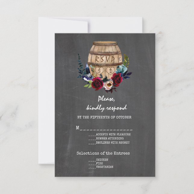 Borgoña Floral Barrel Caída Chalkboard RSVP (Anverso)