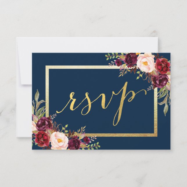 Borgoña Floral Blue Gold Script Wedding RSVP (Anverso)