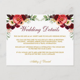 Borgoña Floral Boho Boda Detalles Insertar tarjeta