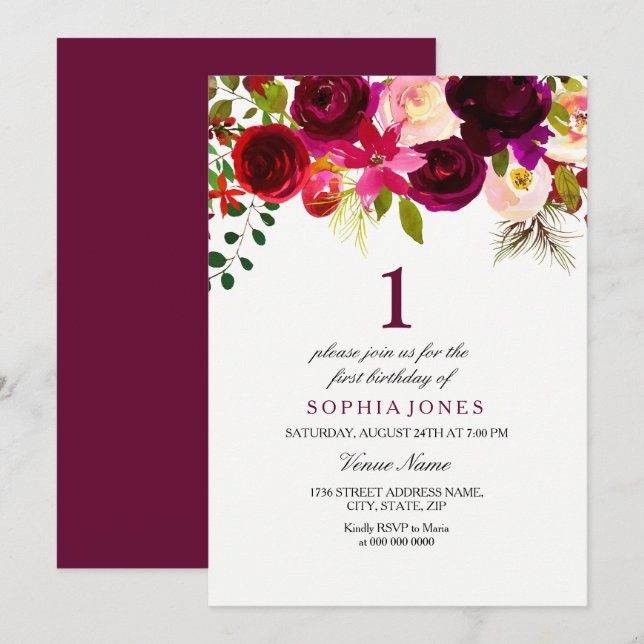 Borgoña Floral Boho Invitación Fiesta de primer cu (Anverso / Reverso)