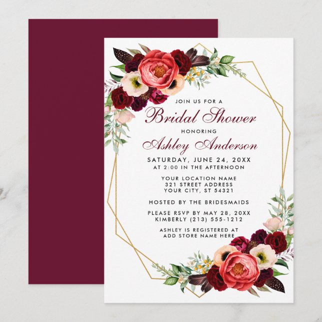 Borgoña Floral Bridal Shower Boho Invitación B (Anverso / Reverso)