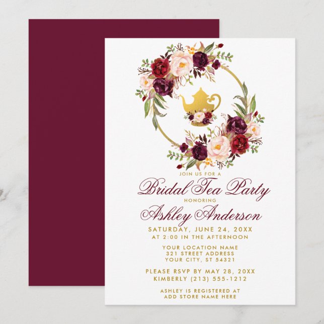 Borgoña Floral Bridal Shower Tea Fiesta Invitación (Anverso / Reverso)