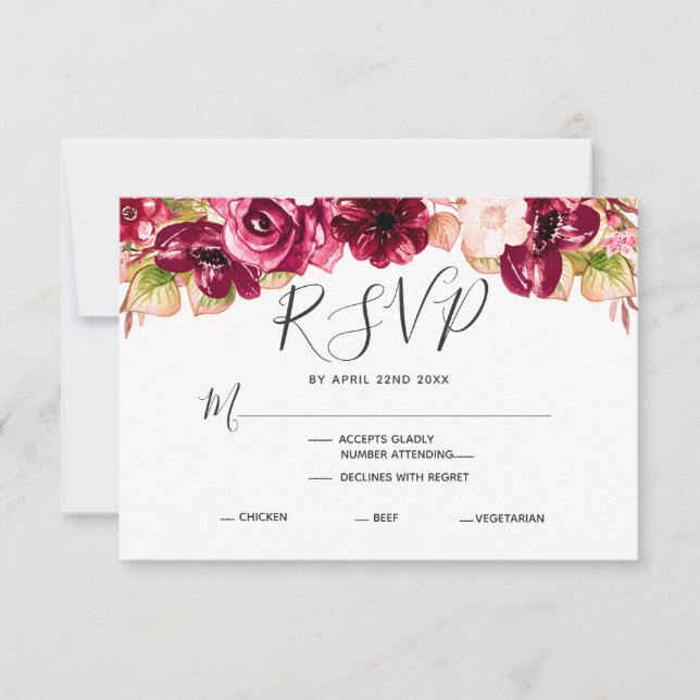 Borgoña Floral Drop Boda Elección de Comida RSVP (Anverso)