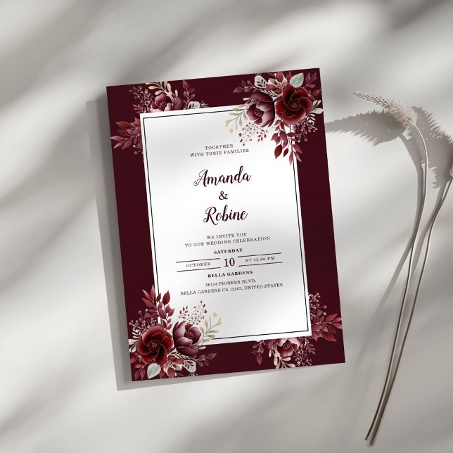 Borgoña Floral Elegante Invitación a la Boda (Subido por el creador)