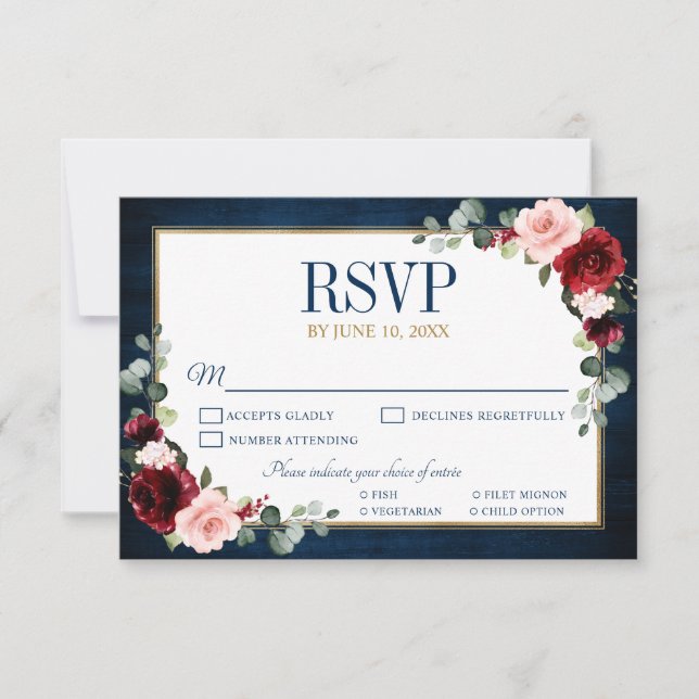 Borgoña Floral Gold Navy Blue Rustic Wedding RSVP (Anverso)