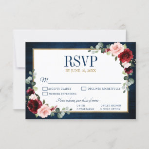 Borgoña Floral Gold Navy Blue Rustic Wedding RSVP