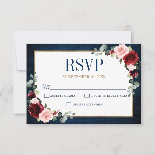 Borgoña Floral Gold Navy Blue Rustic Wedding RSVP (Anverso)