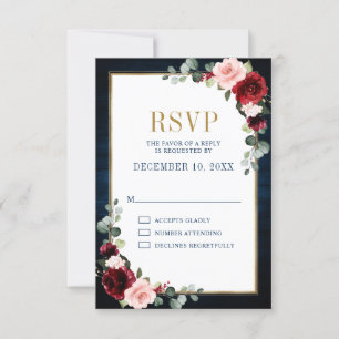 Borgoña Floral marco dorado Marina Boda Azul RSVP
