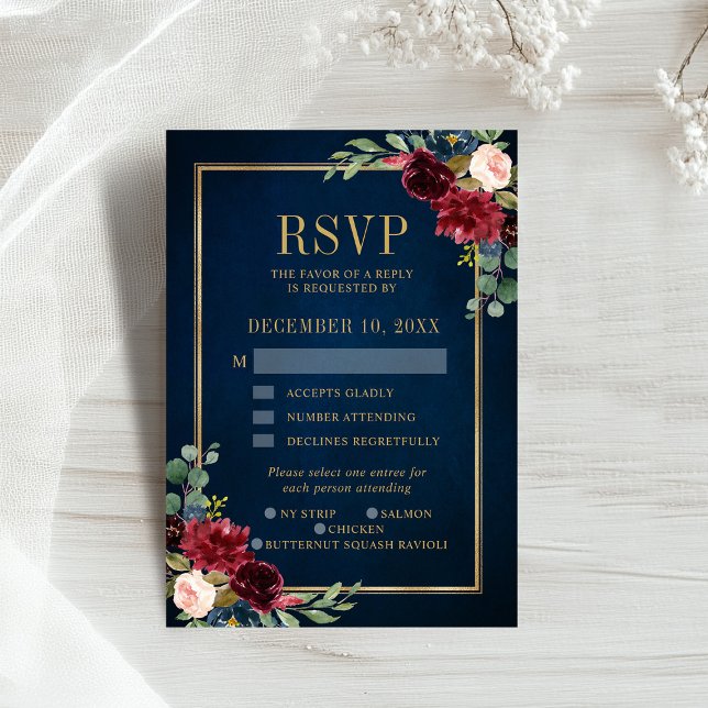 Borgoña Floral marco dorado Marina Boda Azul RSVP (Burgundy Floral Gold Frame Navy Blue Wedding RSVP )