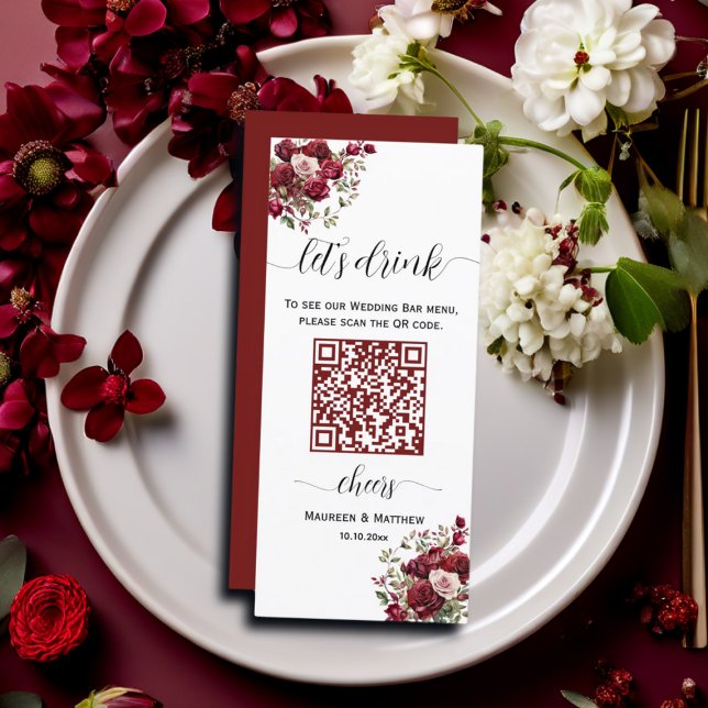 Borgoña Floral Moderno QR Código Menú Boda Bar (Subido por el creador)