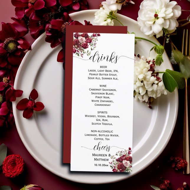 Borgoña Floral Moderno Script Boda Bar Menú (Subido por el creador)