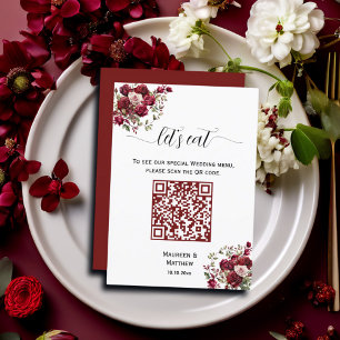 Borgoña Floral Moderno Script QR Código Menú Boda