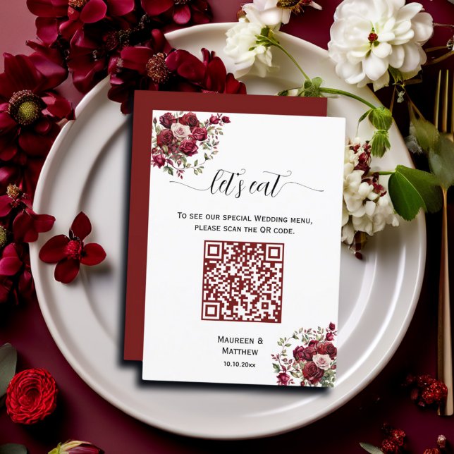 Borgoña Floral Moderno Script QR Código Menú Boda (Subido por el creador)