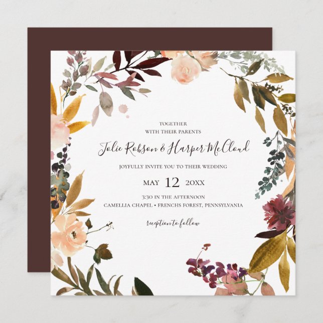 Borgoña Floral Naranja | Invitación de Boda Cuadra (Anverso / Reverso)