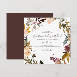 Borgoña Floral Naranja   Invitación de Boda Cuadra
