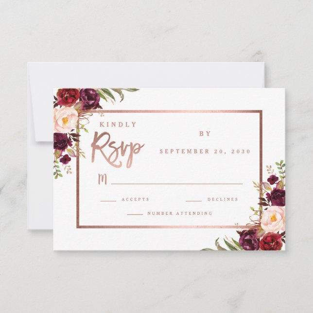 Borgoña Floral Script Rosa Boda de Oro RSVP (Anverso)