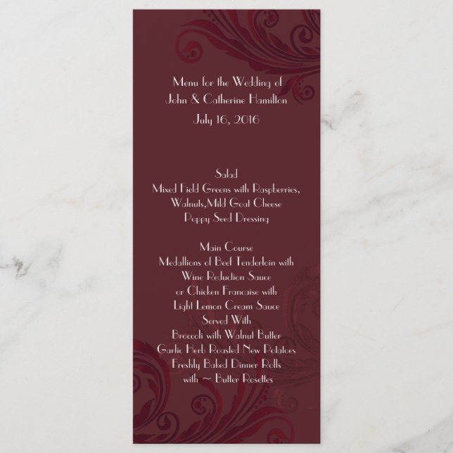 Borgoña Flourih Skinny Boda Table Menu (Anverso)