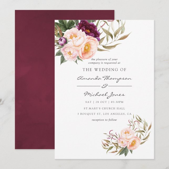 Borgoña - Invitación a la boda floral de Marsala y (Anverso / Reverso)