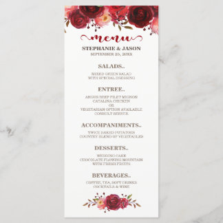 Borgoña Marsala Rojo Roses Floral Boda Menú