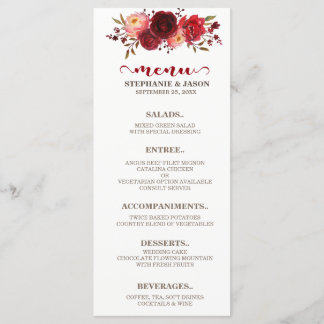 Borgoña Marsala Rojo Roses Floral Boda Menú