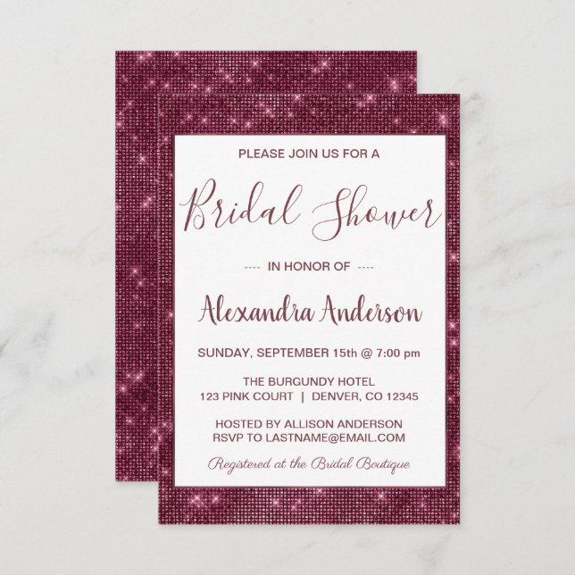 Borgoña Marsala Sparkle Bridal Shower Invitación (Anverso / Reverso)