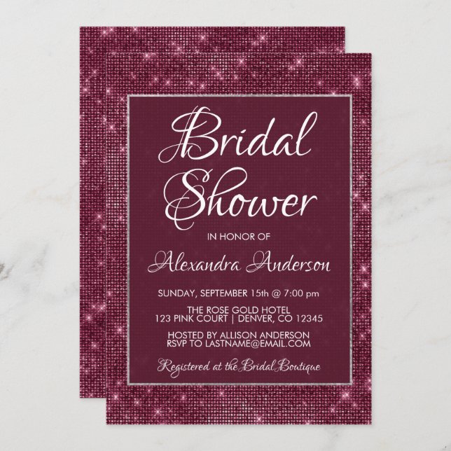 Borgoña Marsala Sparkle Bridal Shower Invitación (Anverso / Reverso)