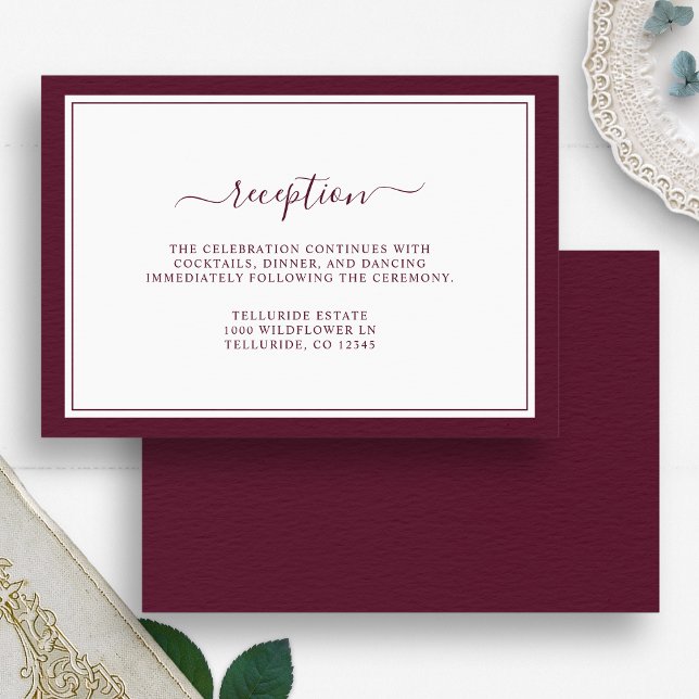 Borgoña Minimal Elegante Boda de recepción de guio (Burgundy Minimal Elegant Script Reception Wedding Enclosure Card by Painted Paperie
)