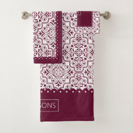 Borgoña, patrón de damasco blanco, bordes de vieir