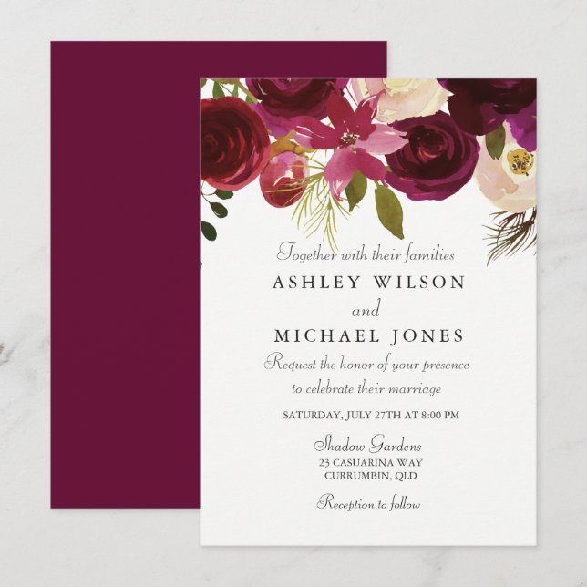 Borgoña Red Floral Elegante Invitación a la Boda (Anverso / Reverso)